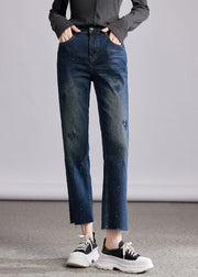 French Blue Pockets Heart Zircon Denim Straight Trousers Fall