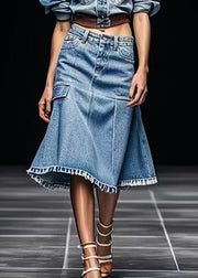 French Blue Pockets High Waist Patchwork Denim Skirt Summer