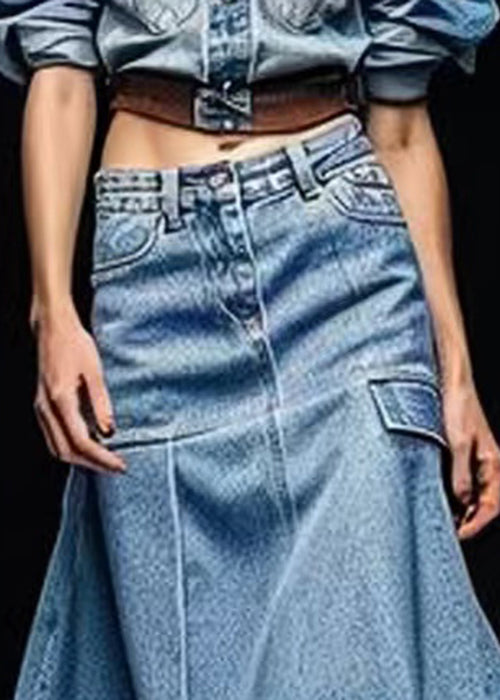 French Blue Pockets High Waist Patchwork Denim Skirt Summer