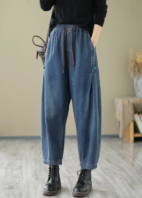 French Blue Pockets Lace Up Elastic Waist Jeans Fall