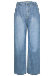 French Blue Pockets Patchwork High Waist Denim Trousers Spring