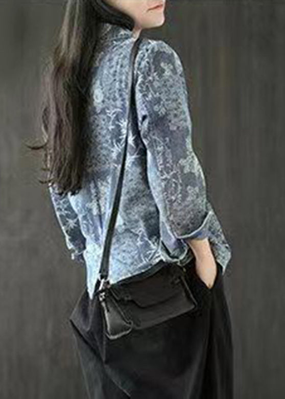 French Blue Pockets Print Denim Coats Long Sleeve