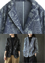 French Blue Pockets Print Denim Coats Long Sleeve