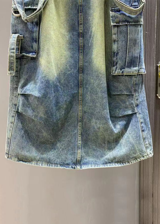 French Blue Pockets Side Open Denim Jumpsuit Sleeveless