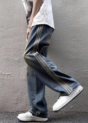French Blue Pockets Striped Patchwork Denim Mens Pants Summer