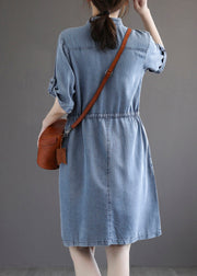 French Blue Pockets Tie Waist Denim Dresses Summer