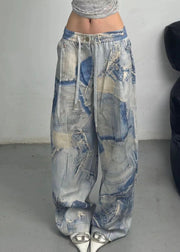 French Blue Print Pockets Elastic Waist Denim Pants Fall