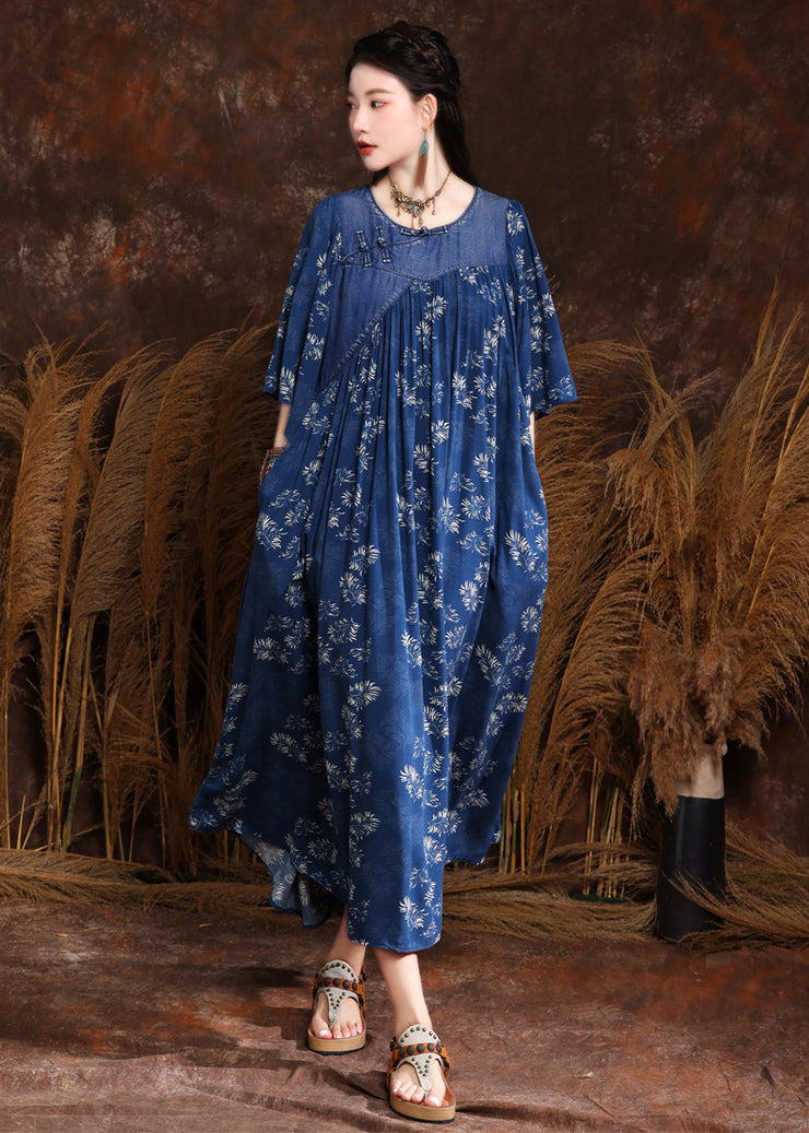 French Blue Print Wrinkled Denim Long Dress Half Sleeve