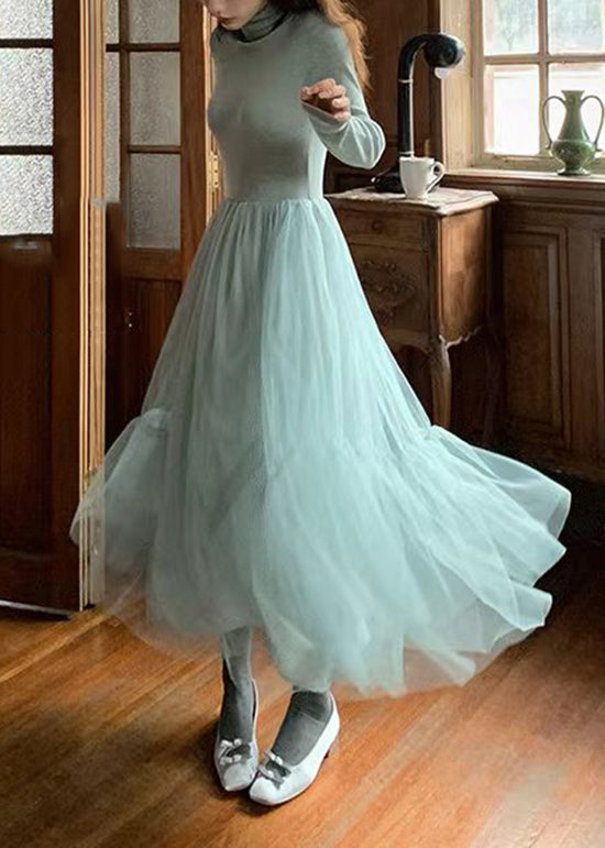 French Blue Ruffled Asymmetrical Tulle Patchwork Knit Dresses Spring