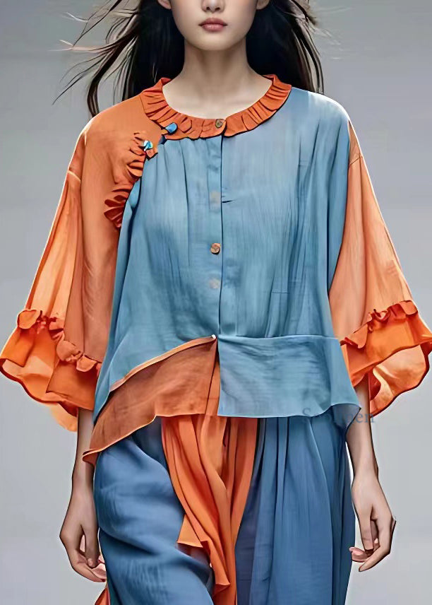 French Blue Ruffled Patchwork Button Shirts Full