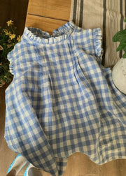 French Blue Ruffled Plaid Loose Cotton Top Summer