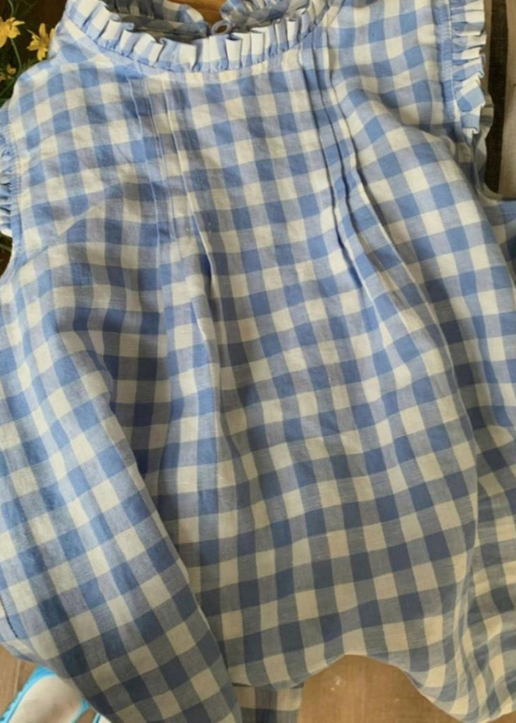 French Blue Ruffled Plaid Loose Cotton Top Summer