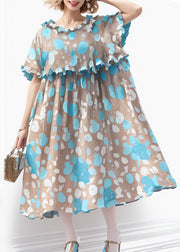 French Blue Ruffled Print Cotton Long Dresses Short Sleeve