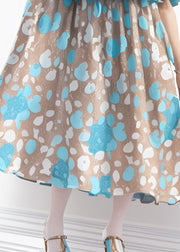 French Blue Ruffled Print Cotton Long Dresses Short Sleeve