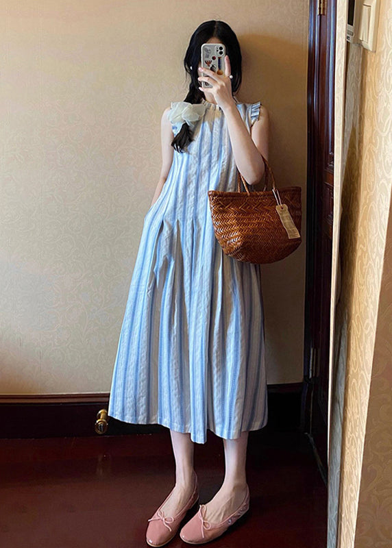 French Blue Ruffled Striped Cotton Long Dresses Summers