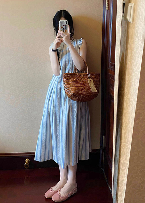 French Blue Ruffled Striped Cotton Long Dresses Summers