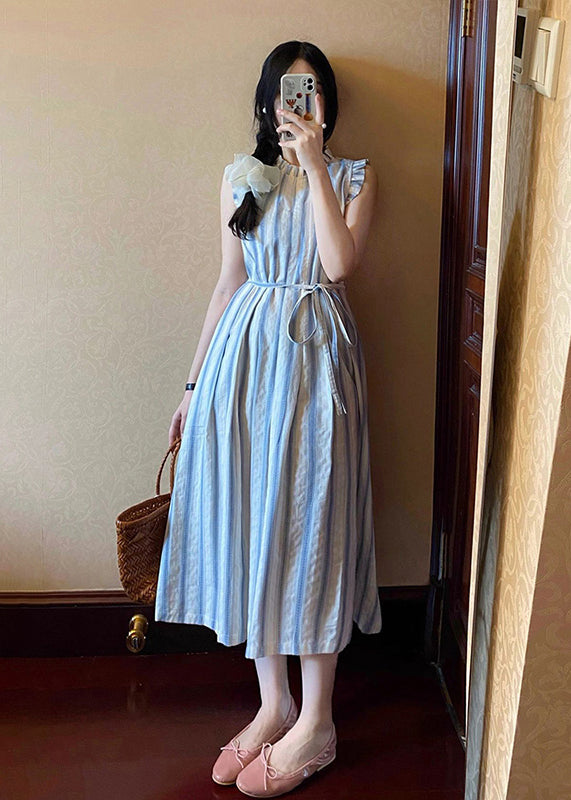 French Blue Ruffled Striped Cotton Long Dresses Summers