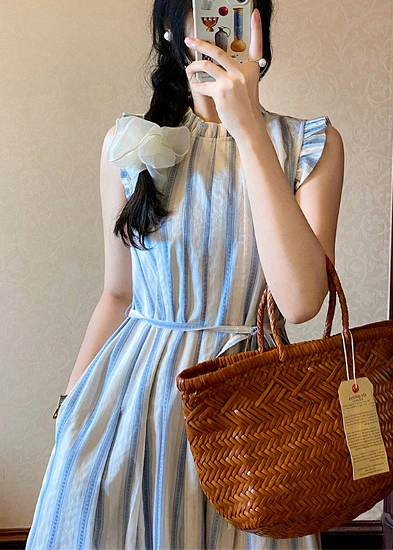 French Blue Ruffled Striped Cotton Long Dresses Summers