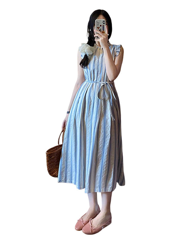 French Blue Ruffled Striped Cotton Long Dresses Summers