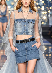 French Blue Silm Fit Patchwork Tulle Denim Wraped Skirt Summer