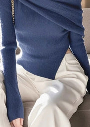 French Blue Slash Neck Asymmetrical Knit Sweaters Spring