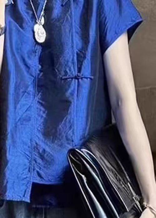 French Blue Stand Collar Button Silk Shirt Summer