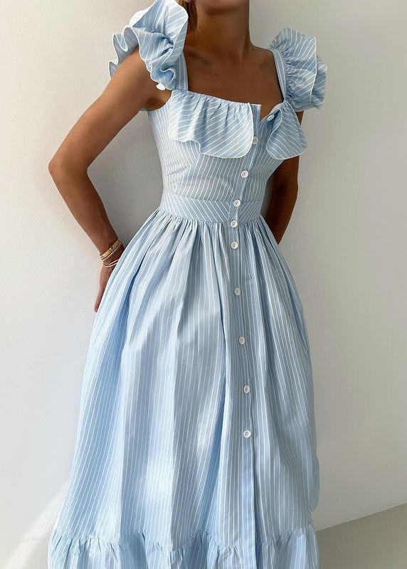 French Blue Striped Button Cotton Long Dresses Butterfly Sleeve