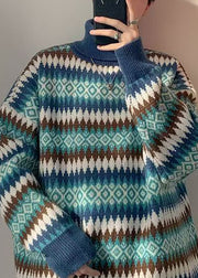 French Blue Striped Knit Men Sweaters Turtleneck Winter