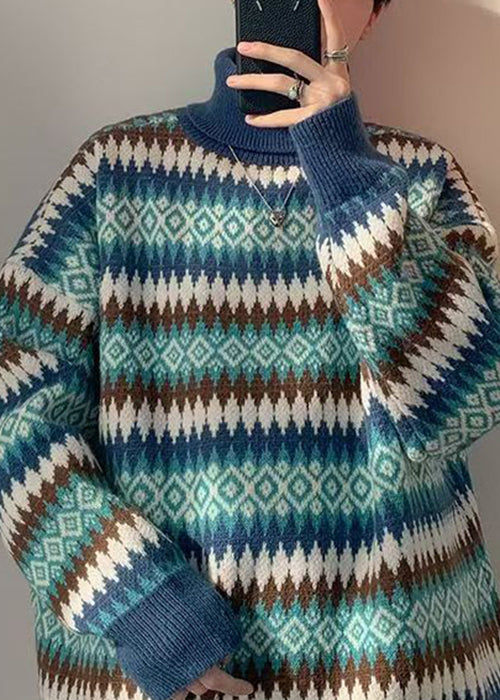 French Blue Striped Knit Men Sweaters Turtleneck Winter