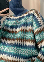 French Blue Striped Knit Men Sweaters Turtleneck Winter