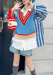 French Blue Striped Patchwork Knit Loose Blouses Spring