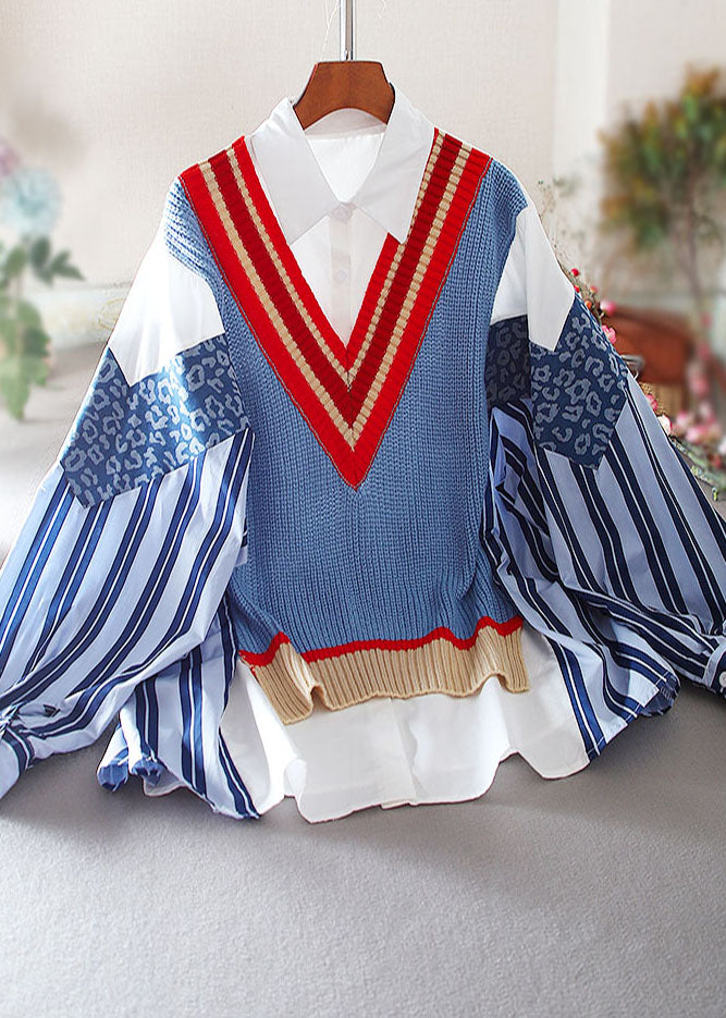 French Blue Striped Patchwork Knit Loose Blouses Spring