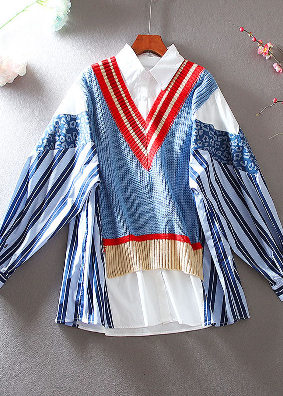 French Blue Striped Patchwork Knit Loose Blouses Spring