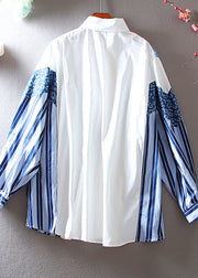 French Blue Striped Patchwork Knit Loose Blouses Spring