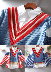 French Blue Striped Patchwork Knit Loose Blouses Spring