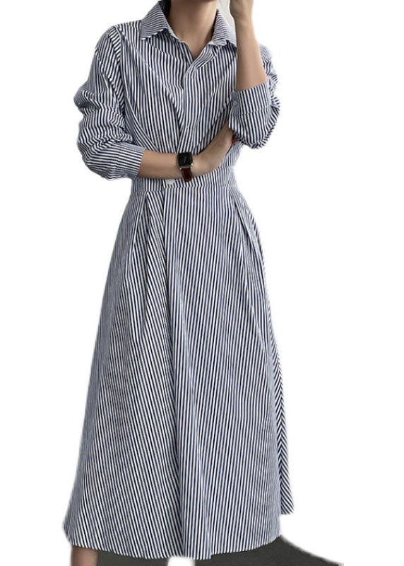 French Blue Striped Peter Pan Collar Patchwork Cotton Shirts Dress Spring