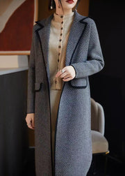 French Blue Striped Pockets Woolen Coats Fall