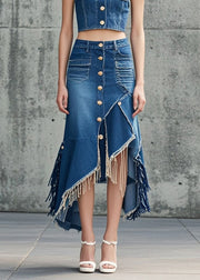 French Blue Tasseled Asymmetrical Design Denim Wraped Skirt Spring