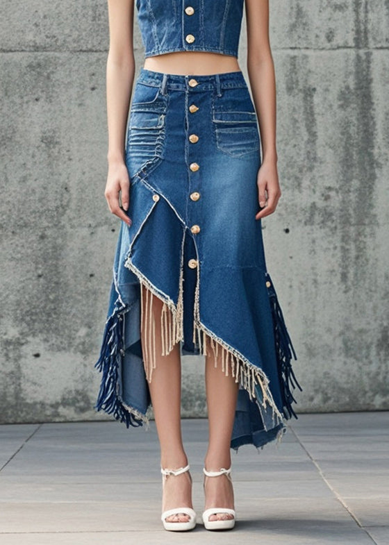 French Blue Tasseled Asymmetrical Design Denim Wraped Skirt Fall