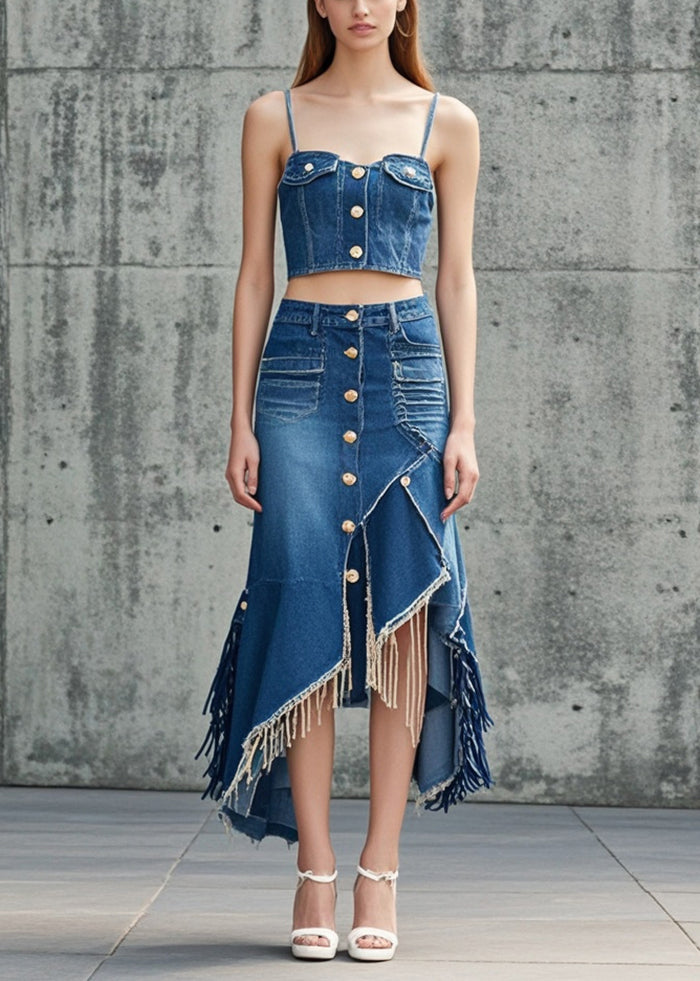 French Blue Tasseled Asymmetrical Design Denim Wraped Skirt Fall