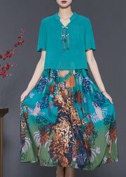French Blue Tasseled Patchwork Silk Dresses Summer