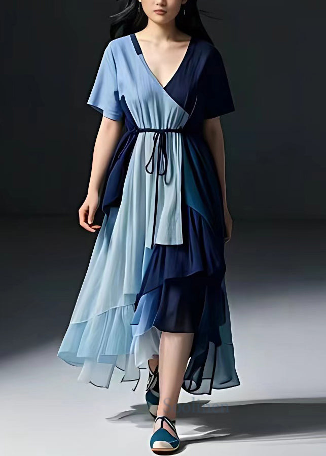 French Blue Tie Waist Patchwork Long Dresses Summer
