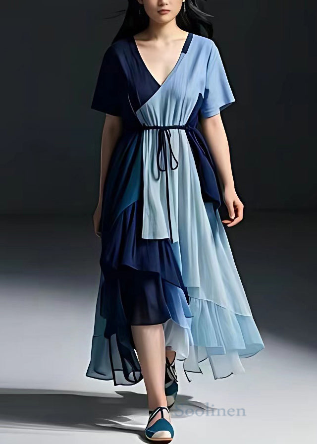 French Blue Tie Waist Patchwork Long Dresses Summer