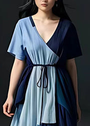 French Blue Tie Waist Patchwork Long Dresses Summer