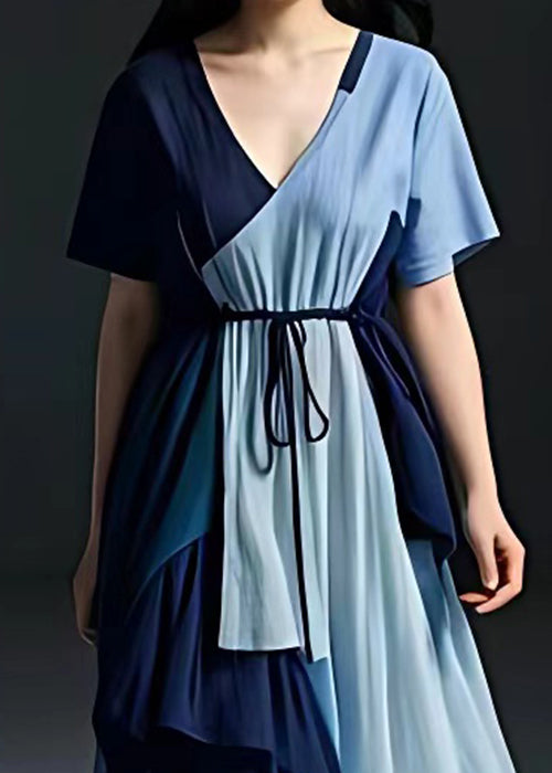 French Blue Tie Waist Patchwork Long Dresses Summer