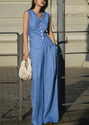 French Blue Tops And Pants Linen Two Pieces Set Sleeveless