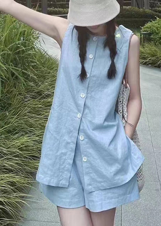 French Blue plaid Tops And Shorts Linen Two Piece Set Summer