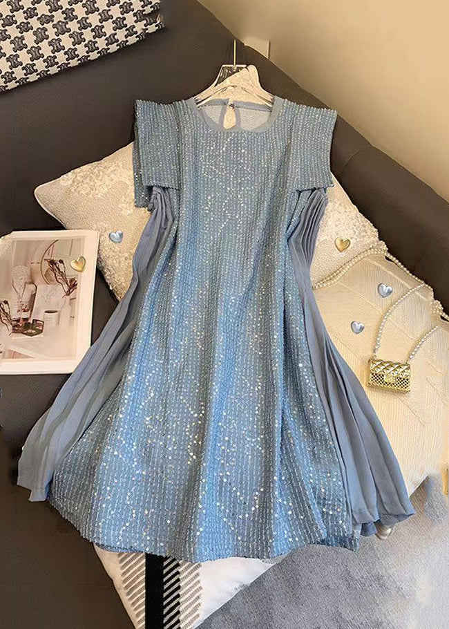 French Blue Tulle Patchwork Sequins Mid Dress Summer