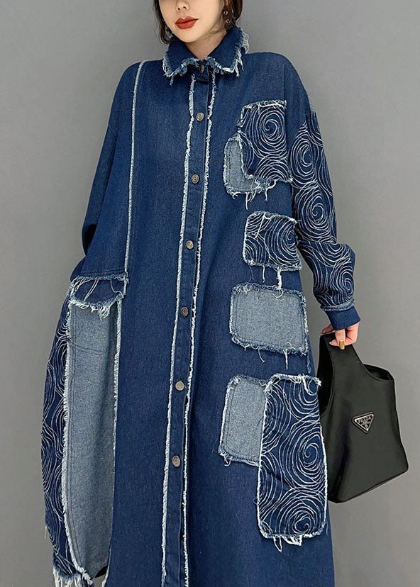 French Blue Turn-down Collar Patchwork Denim Fabric Coat Spring