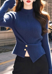 French Blue Turtleneck Wrinkled Cotton Knit Sweater Flare Sleeve